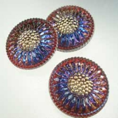 27mm Czech Daisy Flower Glass Button - Blue - Each