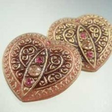 32x35mm Czech Glass Heart Button - Pink-Gold w-Rhinestone - Each