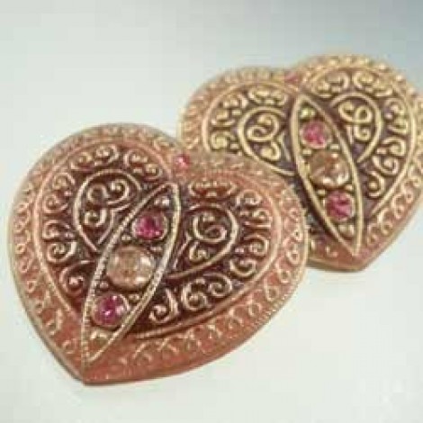 32x35mm Czech Glass Heart Button - Pink-Gold w-Rhinestone