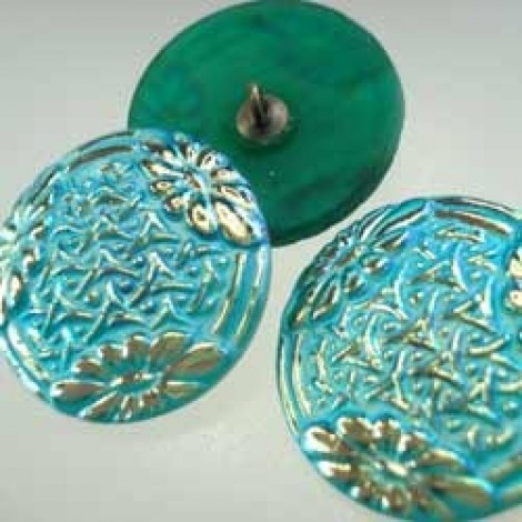 27mm Czech Green & Gold Flower Design Button - Each