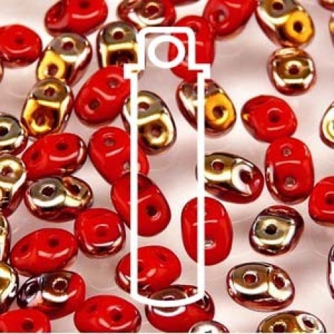 5mm SuperDuo Czech 2-Hole Beads - Opaque Coral Red Capri-Gold - 22-24gm