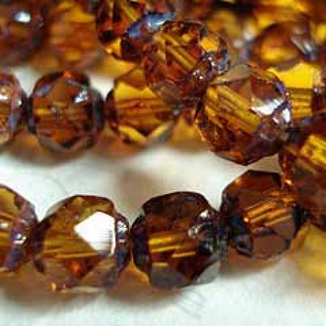 6mm Renaissance Cut Czech Fire Polish Beads - Dark Topaz-Picasso - Pack of 20