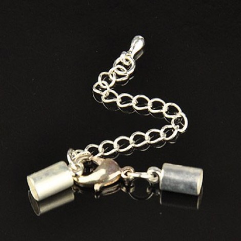 4.5mm ID Silver Plated Cord End Caps/Clasp & Extension Chain - Pack of 2