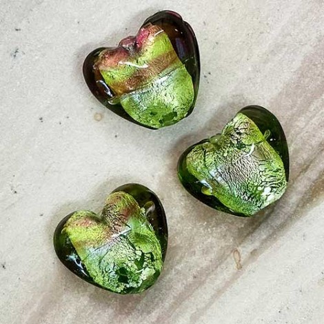 17mm Olivine/Burgundy Silver Lined Heart Beads - Pack of 2 17mm Olivine/Burgundy Silver Lined Heart Beads - Pack of 2