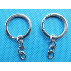 32mm Round Split Ring Keyring with 25mm Chain - Imitation Rhodium Silver Plated - Pack of 5