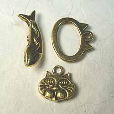 Tibetan Gold Pl Cat & Fish w/Charm Toggle Clasp sets - Pack of 2 sets