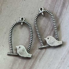 32x18mm Ant Silver Bird on Perch Pendant Drop - Pack of 10