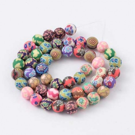 8mm Round Polymer Clay Handmade Flower Beads - Mixed Colours - 50pc strand