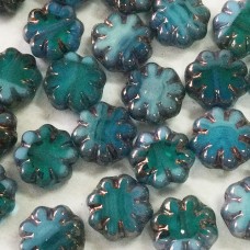 9x3mm Czech Table Cut Cactus Flower Beads - Sea Green + Sky Blue w-Bronze Finish - Pack of 5