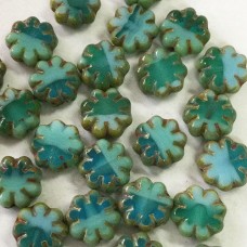 9x3mm Czech Table Cut Cactus Flower Beads - Sea Green + Sky Blue w-Picasso Finish - Pack of 5