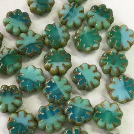 9x3mm Czech Table Cut Cactus Flower Beads - Sea Green + Sky Blue w-Picasso Finish - Pack of 5 9x3mm Czech Table Cut Cactus Flower Beads - Sea Green + Sky Blue w-Picasso Finish - Pack of 5