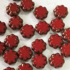 9mm Czech Tablecut Cactus Flower Beads - Ruby Red with Bronze Finish - Pack of 5