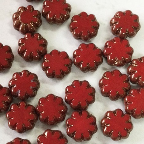 9mm Czech Tablecut Cactus Flower Beads - Ruby Red with Bronze Finish - Pack of 5