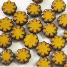 9mm Czech Table Cut Cactus Flower Beads - Alloy Orange-Yellow with Picasso Finish - Pack of 5 