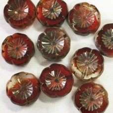 14mm Czech Table-Cut Hibiscus Beads - Transparent + Ruby Red w-Picasso Wash - Pack of 2