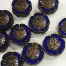 14mm Czech Table-Cut Hibiscus Flowers - Dark Sapphire with Picasso Finish - Pk of 2