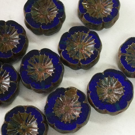 14mm Czech Table-Cut Hibiscus Flowers - Dark Sapphire with Picasso Finish - Pk of 2