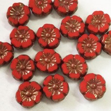9mm Czech Table-Cut Hibiscus Flower Beads - Scarlet Red with Bronze Finish - Pack of 4