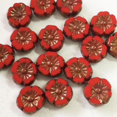 9mm Czech Table-Cut Hibiscus Flower Beads - Scarlet Red with Bronze Finish - Pack of 4