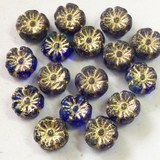 9mm Czech Table-Cut Hibiscus Flower Beads - Sapphire + Sky Blue with Etched Finish & Gold Wash - Pack of 4
