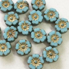 9mm Czech Table-Cut Hibiscus Flower Beads - Turquoise Blue with Etched Finish & Gold Wash - Pack of 4