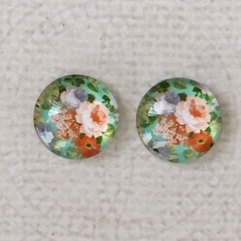 12mm Art Glass Backed Cabochons  - Floral Mix Design 1 - Per Pair