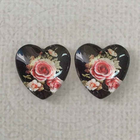 16mm Art Glass Backed Cabochons - Flower Hearts 10 - Per Pair 16mm Art Glass Backed Cabochons - Flower Hearts 10 - Per Pair