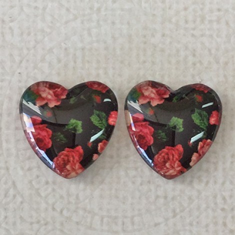16mm Art Glass Backed Cabochons  - Flower Hearts 12 - Per Pair