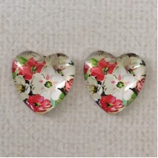 16mm Art Glass Backed Cabochons  - Flower Hearts 2 - Per Pair