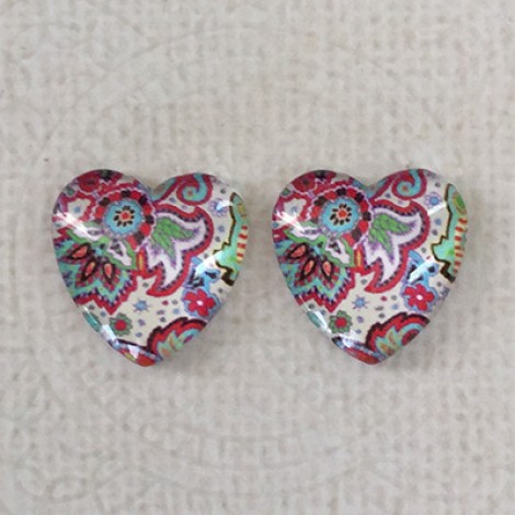 16mm Art Glass Backed Cabochons  - Flower Hearts 5 - Per Pair