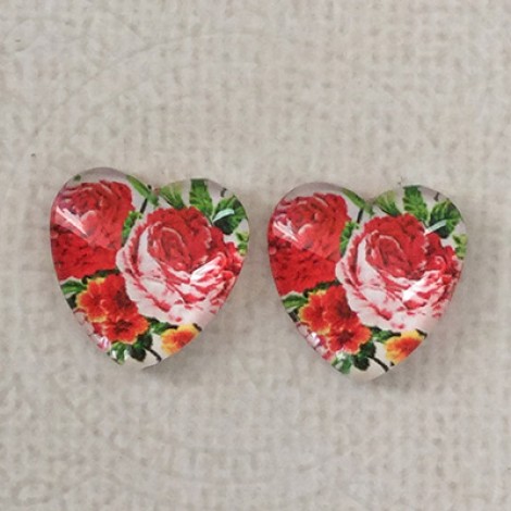 16mm Art Glass Backed Cabochons  - Flower Hearts 8 - Per Pair