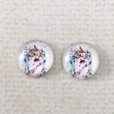 10mm Art Glass Backed Cabochons  - Flower Unicorn- Per Pair