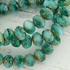 7x5mm Czech Faceted Rondelles - Green Turquoise Picasso - Pack of 10