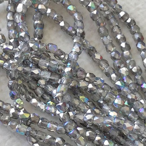 True 2mm Czech Firepolish Beads - Crystal Silver Rainbow - Pack of 50