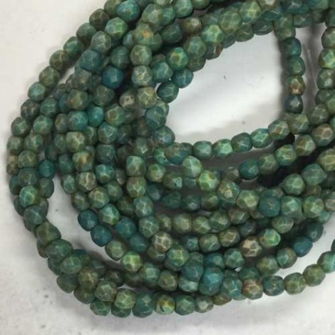 3mm Czech Firepolish Beads - Blue Green with Picasso & Etched Matte Finish