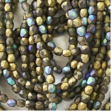 3mm Czech Firepolish Beads - Matte Opaque Gold with Etched + AB Finish - Pack of 50