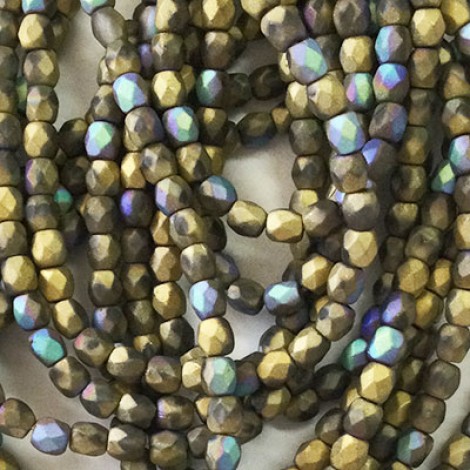 3mm Czech Firepolish Beads - Matte Opaque Gold with Etched + AB Finish