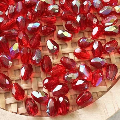 5x7mm Czech Firepolish Drops - Siam Ruby AB - Pack of 10 5x7mm Czech Firepolish Drops - Siam Ruby AB - Pack of 10