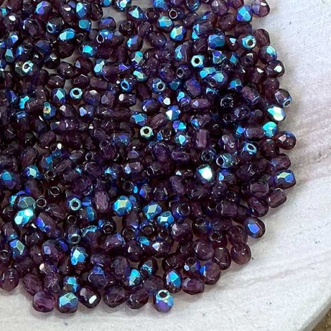 3mm Czech Fire Polished Beads - Dark Amethyst AB - Pack of 50 3mm Czech Fire Polished Beads - Dark Amethyst AB - Pack of 50