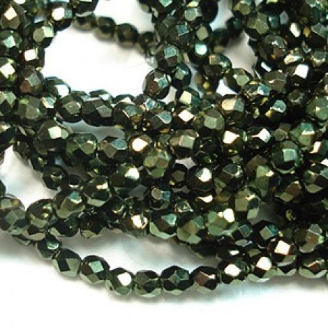 3mm Czech Firepolish Beads - Metallic Green