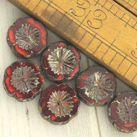 14mm Czech Daisy Flower Beads - Red Opalite Picasso