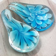 31x55mm Turquoise Blue Inlaid Flower Glass Teardrop Pendant - Each
