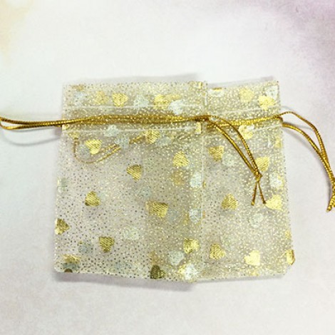 6x8cm Ex-Small White with Gold Heart Design Organza Bags - Pack of 10
