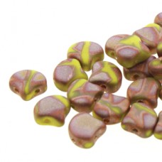 7.5x7.5mm Czech 2-Hole Gingko Beads - Opq Lemon Full Capri Gold Matte Batik - 22gm