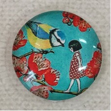 25mm Art Glass Backed Cabochons - Little Girl and Bird on Blossom Tree