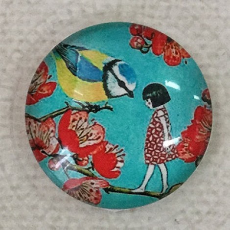 25mm Art Glass Backed Cabochons - Little Girl and Bird on Blossom Tree