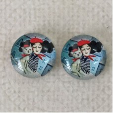 12mm Art Glass Backed Cabochons  - My Parisian Feline Romance - Per Pair
