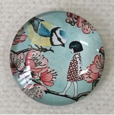 25mm Art Glass Backed Cabochons - Little Girl and Bird on Pink Blossom Tree - Pack of 2