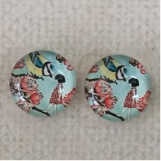 12mm Art Glass Backed Cabochons  - Girl and Bird in Pink Blossom Tree