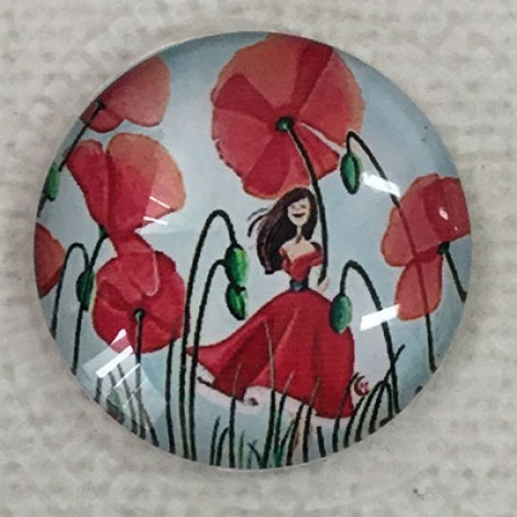 25mm Art Glass Backed Cabochons - Beautiful Girl in Poppy Field